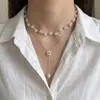 Colar Minimalista com Flor de Pérola Costurada em Corrente Fina de Prata e Pingente de Pérola em Gota, Joia de Pescoço Simples Longa Ajustável em Camadas