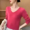 Camiseta base versátil y cálida de manga larga para mujer, estilo coreano, corte holgado, sin costuras, de una sola pieza, cuello en V, venta al por mayor transfronteriza