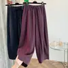 Calça cropped de linho artístico vintage de cintura alta, corte justo, para mulheres, verão, solta, cor sólida, versátil, algodão-linho, fina, casual, calça harém