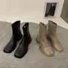 Botines estilo tweed con bloques de color, tacón grueso, punta cuadrada, ajuste ceñido al tobillo, zapatos de mujer, nuevos botines Chelsea de mezclilla 2025