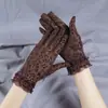 Luvas Femininas de Proteção Solar Primavera e Verão Luvas de Malha Respirável Estampa de Leopardo Luvas para Dirigir com Proteção Solar Luvas Finas de Renda Moda
