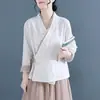 Nova Camisa Diagonal Literária com Botão de Rã Feminina Primavera Outono Novo Estilo Estilo Chinês Hanfu Algodão Linho Top Retrô Roupas Zen para Chá
