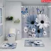 Juego de Cuatro Piezas de Cortina de Ducha y Alfombrilla de Baño con Diseño de Flores y Plantas Transfronterizas para Baño del Hogar, Cortina de Ducha Divisoria de Separación Seca y Húmeda, Cortina de Ducha Impermeable