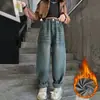 Calças Jeans Forradas com Fleece para Meninas Outono e Inverno Nova Chegada Zhongda Calças de Inverno Quentes Retas Soltas de Perna Larga Calças de Papai