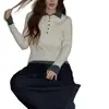 Suéter de Punto Blanco Ajustado Chao Chao Otoño/Invierno para Mujer con Cuello de Solapa, Capa Base Engrosada, Top de Punto de Alta Gama