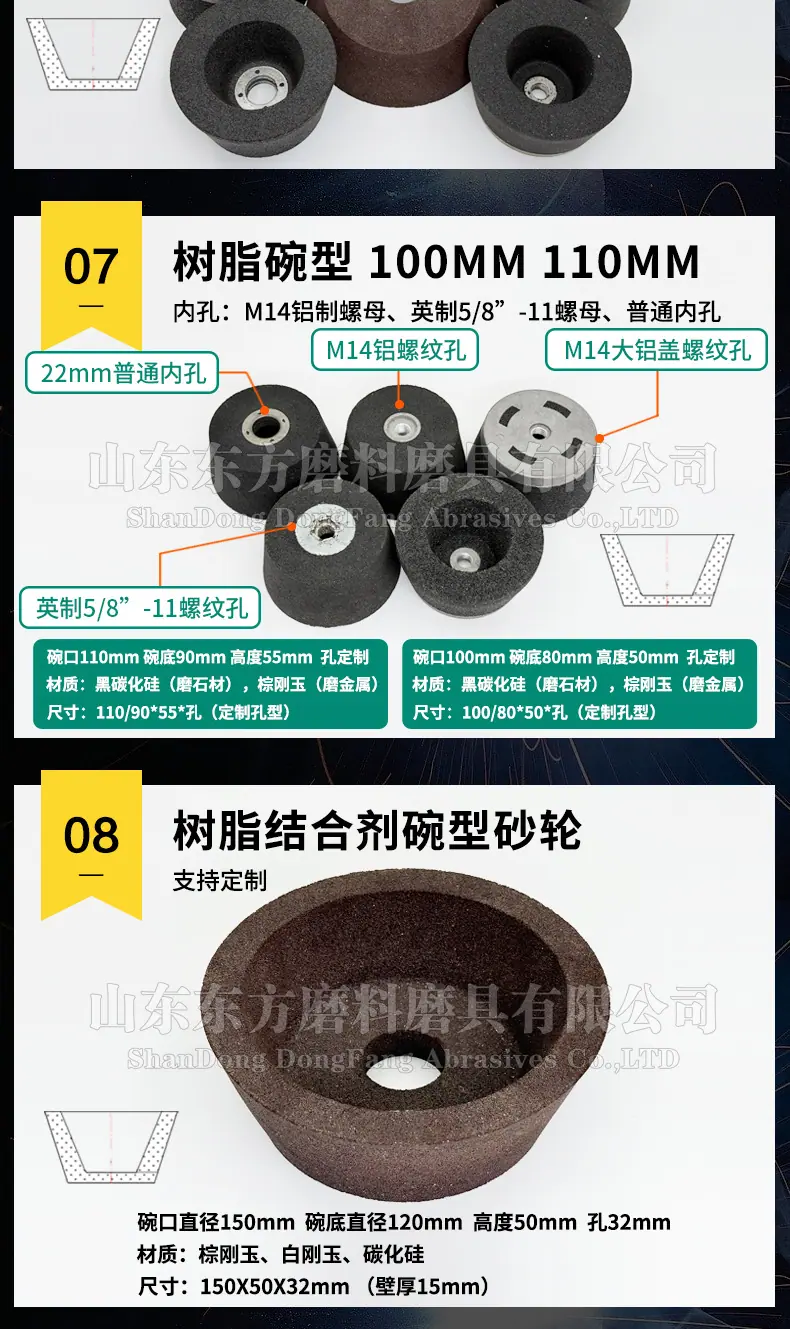 A 棕刚玉Brown aluminum oxide WA 白刚玉White aluminum oxidePA 铬刚玉 Pink aluminum oxide SA 单晶刚玉 Monocrystalline fused aluminaMA 微晶刚玉 microcrystalline fused alumina A/WA 棕白混合磨料Mixture of A and WAGC绿碳化硅 Green silicon carbide C 黑碳化硅 Black silicon carbide ZA 锆刚玉 Fused zirconia alumina直径60mm80mm100mm125mm150mm175mm180mm200mm250mm300mm350mm400mm500mm600mm750mm900mm1寸2寸3寸4寸5寸6寸7寸8寸9寸10寸12寸14寸16寸18寸20寸24寸26寸28寸 硬度JKLMNPQRST 厚度：3.2mm6.4mm10mm13mm16mm20mm25mm32mm40mm50mm65mm75mm100mm125mm150mm200mm 孔径：12.7mm16mm20mm25mm32mm31.75mm50mm75mm127mm150.4mm203mm305mm粒度：16# 24# 46# 60# 80# 100# 120# 150# 180# 220# 320# 400# 600# 800# 1000# 砂轮 磨砂轮 磨刀器砂轮 磨刀砂轮 陶瓷砂轮 合金砂轮 磨床砂轮抛光小打磨氧化铝平面磨床台式立式悬挂式砂轮机钨钢砂轮片定制磨边机磨刀轮研磨大大气孔磨盘青铜 沙轮 磨料磨具 vitrified grinding wheel 125*65*M20打磨钢轨树脂砂轮(仿形钢轨打磨砂轮）150X70/75/80X55MM-4XM8-16N5B螺丝 125X65X55铁轨轨道铁路专用 仿形打磨机 内燃打磨机 铁路道岔打磨机砂轮 铁路用砂轮 磨石材 混凝土 花岗岩 内燃道岔垂直打磨机 火车钢轨 圆管钢管内圆修磨砂轮 内圆修磨 石油管道 内圆磨不锈钢管打磨 不锈钢罐体焊缝 黄石磨钢管圆钢 钢管打磨砂轮 磨钢管 不锈钢罐体焊缝 手持直向打磨机 气动 打磨砂轮机 直臂打磨机 立式 台式 悬挂式打磨机高速防爆砂轮 悬挂式砂轮机 手推式砂轮机 立面磨平形砂轮 球磨灰 铸件 铸铁 荒磨 钢冒 铸件冒口肥边 铁钢冒 浇口 飞边毛刺 圆钢 方坯灰铁 锤头 铸造件 钢板 破碎机衬板 钢铁厂 汽车铸造件 软金属钛合金 合金钢耐热钢球