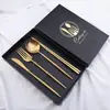 Faca e Garfo Portugueses Q Aço Inoxidável 304 Banhado a Ouro Jantar de Lixa Talheres Faca, Garfo e Colher Conjunto de Quatro Peças Faca, Garfo, Colher e Hashis Caixa de Presente
