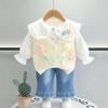 Nuevo Traje de Primavera para Niñas 2025 Flor en Solapa para Niños Traje de Tres Piezas Estilo Coreano Traje de Suéter para Niños Moderno