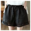 Shorts de Lino Retro de Pierna Ancha para Mujer Verano Delgados Cintura Elástica con Cordones Corte Cut Out Encaje Casual Algodón y Lino Pantalones Rectos