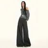 26 Pantalones Casuales de Lana Otoño Invierno Cintura Baja Botón Sueltos de Pierna Ancha hasta el Suelo Gris Oscuro Negro para Mujer Soporte Dropshipping
