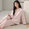 Cardigan de pijama de duas peças para casa feminina, manga longa e calça longa, gola V, cor sólida, algodão jacquard elástico dupla face