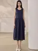 Vestido Casual Sem Manga Retro Verão Preguiçoso Cintura Solta Cordão Plissado Gola Redonda Vestido Colete