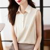 Camisa de Chifón Retro Roja y Blanca con Solapa para Mujer, Top Elegante de Verano con Chaleco sin Mangas de Traje de Alta Gama