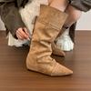 Botas Retrô Pontudas Franzidas Slouch para Mulheres, Dobráveis de Duas Formas de Usar, Botas Longas Slimming 'Hot Girl' Estilo Cowboy Ocidental