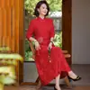 Vestido midi de manga comprida bordado de outono e primavera da mamãe, moda para mulheres de meia-idade e idosas, vestido para banquete de casamento, saia cheongsam