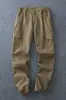 Overol estilo japonés de algodón pesado lavado con cordones en el tobillo para hombre, grueso, color caqui, corte tridimensional, multibolsillos, pantalones casuales para exteriores