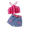 Verano Europeo y Americano Nuevo Traje de Niña Top de Tirantes Bordado de Flores Shorts de Mezclilla Cinturón Conjunto de Tres Piezas