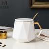Taza en Forma de Diamante con Tapa y Cuchara, Taza de Cerámica Dorada Creativa Nórdica, Vaso de Agua para Oficina y Negocios, Taza para Desayuno en Casa