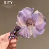 Grampo de cabelo de flor de malha multicamadas com cristal, grampo reto para mechas rebeldes na parte de trás da cabeça, grampo lateral para franja, grampo BB