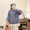 Camisa de Franela a Cuadros con Adorno de Encaje Estilo Japonés para Mujer, Top Juvenil Artístico con Corbata de Moño, Colección Otoño 2025