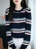 Cardigan de Lã Fino Feminino Outono 2026 Cardigan de Tricô Gola Redonda Suéter Feminino Casual Color Block Listrado