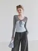 Forever Estilo Coreano Bloques de Color Lunares Encaje Atado Chal Falso Dos Piezas Camiseta de Manga Larga para Mujer Otoño Adelgazante Favorecedor Top Pequeño