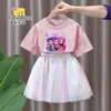 Conjunto de Vestido de Manga Corta de Chicas Cazadoras de Demonios Kpop Estilo Verano Moda Vestido de Tul de Princesa Falda de Dos Piezas para Niñas Jóvenes