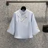 Top de trabalho estilo retrô que afina a silhueta Novo estilo chinês calça pantalona para tratamento capilar em salão de beleza conjunto de duas peças loja bordado cheongsam