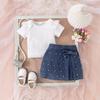 Terno de verão para meninas pequenas e médias, cor sólida, manga curta, camiseta, moda infantil, saia com laço e contas