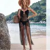 Vestido de crochê feito à mão com franjas vazadas para férias na praia, saída de praia tipo biquíni sexy, vestido de praia