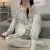 Pijama de Seda Hielo Estilo Nuevo para Mujer, Ropa de Casa de Manga Larga con Dibujos Animados de Seda Artificial para Primavera y Otoño, Disponible Exclusivamente para Venta Transfronteriza, Se Puede Usar Afuera