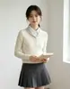 Suéter de malha com gola e mangas compridas estilo faculdade, novo para outono e inverno, estilo coreano, elegante e afina a silhueta, pulôver canelado para mulheres