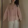Camisa de Mujer con Cordón Color Jengibre, Textura Plisada, Mangas Largas Abullonadas, Holgada, Estilo Suave, Camisa Ligera y Transpirable