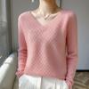 Suéter Feminino de Tricô Cor Pura Torcido Losango Gola 24V Cortado Crochê Manga Longa Tricô Solto Camiseta Base Top