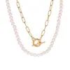 Collar de Cadena Doble Transfronterizo para Mujer Nuevo de Moda Europeo y Americano Hebilla Ot Cadena para Clavícula Perla de Imitación Retro Cadena para Clavícula Apilada