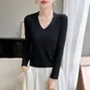Top Básico de Cuello en V de Manga Larga para Mujer Otoño, Negro, Adelgazante, Petite, Corto, de Cintura Alta para Mujer