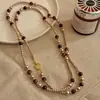 Colar Vintage de Pedra Olho de Tigre e Pérola de Camada Dupla para Mulheres, Novo Estilo Outono/Inverno, Elegante Corrente de Suéter em Camadas