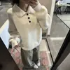 Suéter Gola Polo Retrô Americano Off-White Feminino Outono Inverno Estilo Preguiçoso Solto Pulôver Cardigã de Tricô Grosso
