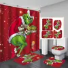 Juego de cortina de ducha impermeable con temática de Grinch, incluye cuatro piezas: cortina de ducha de poliéster, juego de baño impermeable y resistente al moho, y alfombrilla de baño