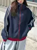 Sudadera con Capucha Rayada Versátil Americana para Hombres y Mujeres 2026 Nuevo Estilo Cardigan Deportivo Holgado Casual Chaqueta con Cremallera Moderna