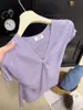 Névoa de Lavanda~Camiseta de tricô curta estilo coreano com decote V e torção frontal para mulheres, top fino exclusivo slim-fit para o verão
