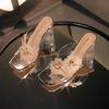 Chinelo de Cristal para Verão Feminino, Sandálias de Salto Alto Transparentes Francesas de Fada da Moda, Sandálias de Salto Grosso, Sandálias Florais de Alta Qualidade