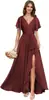 Vestido de dama de honor de gasa con escote en V y manga acampanada, estilo europeo y americano, con cintura plisada y abertura, vestido largo formal para fiesta de boda