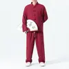 Conjunto Masculino de Veludo Cotelê Estampado Estilo Chinês para Outono/Inverno, com Botões de Nó Chinês, Conjunto Casual Solto de Duas Peças