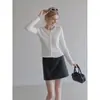 Cardigan ummoimoi branco com babados vazado gola redonda manga longa para mulheres, top de tricô fino de seda gelada para o início do outono