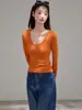 Camiseta de Manga Larga con Cuello en V Profundo de Algodón Peinado Puro 40s para Mujer Otoño 2026 Nueva Ajustada Versátil Hombro Normal Top Capa Base