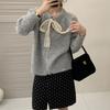 Diseño Estilo Coreano Sentido del Diseño Encaje Lazo Suéter de Encaje para Mujer Moda Otoño e Invierno Versátil Color Sólido Cuello Redondo Suéter Chaqueta