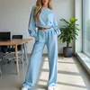 Conjunto de sudadera casual de moda de alta gama de color liso, manga corta y larga, y pantalones anchos elásticos, nuevo para otoño e invierno 2026 en Europa y América