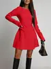 Vestido Mini Elegante Elegante Europeu e Americano Transfronteiriço Feminino Outono e Inverno Gola Redonda Moda Elegante Cintura com Laço Aparência Emagrecedora Manga Longa