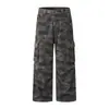 Pantalones Camuflaje Retro Americano de Trabajo Moda Callejera Punk Sueltos de Mezclilla para Hombre de Bolsillos Múltiples Rectos con Diseño de Pliegues